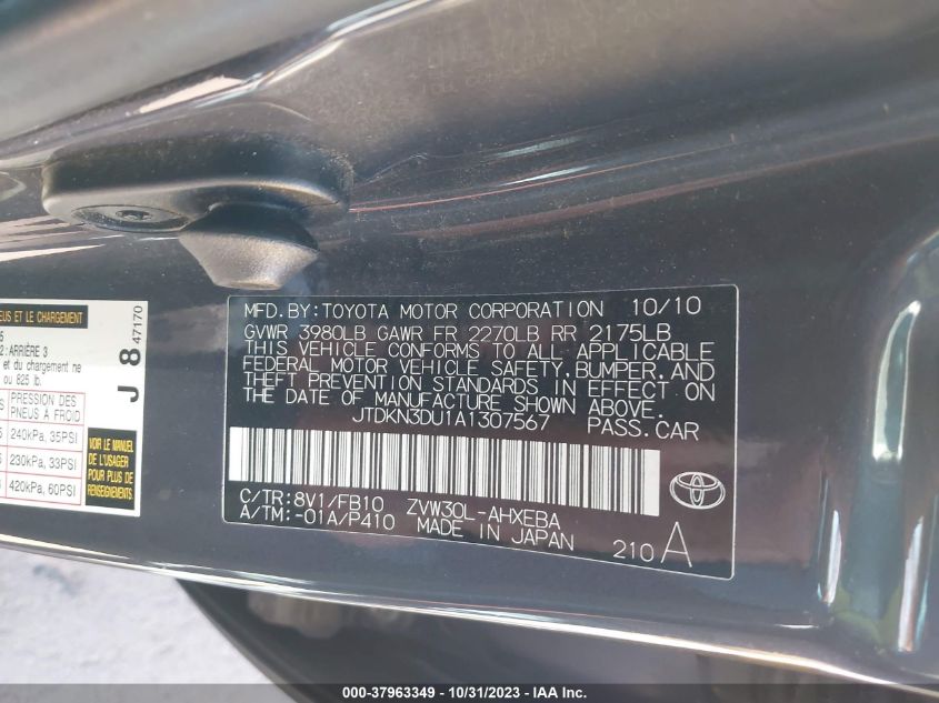 2010 Toyota Prius Ii/Iii/Iv/V/I VIN: JTDKN3DU1A1307567 Lot: 37963349
