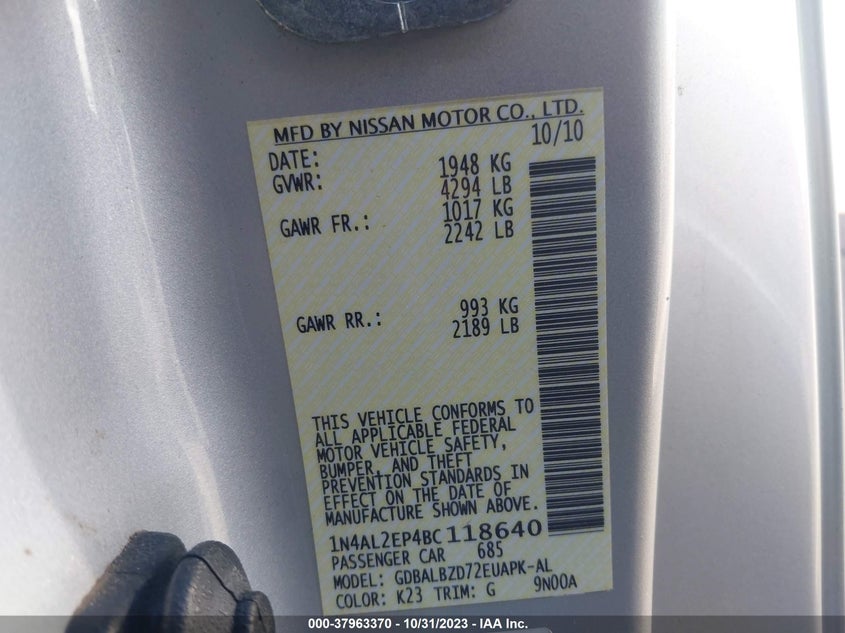 2011 Nissan Altima 2.5 S VIN: 1N4AL2EP4BC118640 Lot: 37963370