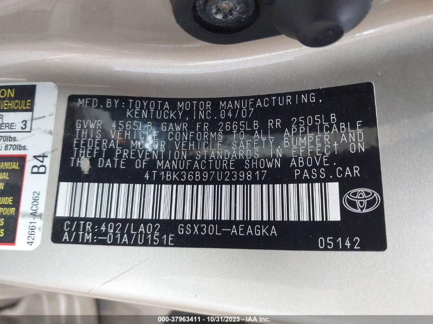 2007 Toyota Avalon Xl/Touring/Xls/Limited VIN: 4T1BK36B97U239817 Lot: 37963411