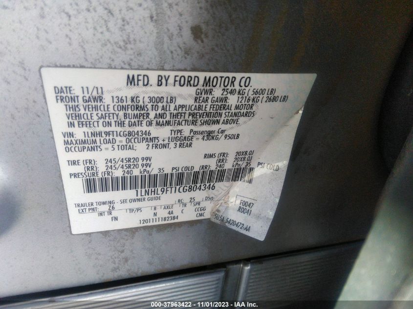 2012 Lincoln Mks W/Ecoboost VIN: 1LNHL9FT1CG804346 Lot: 37963422