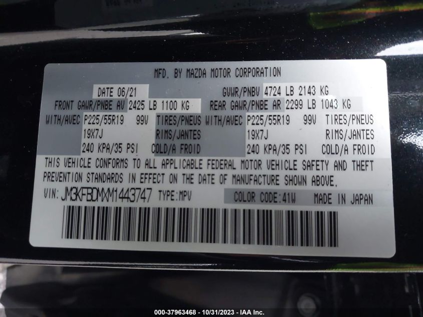 2021 Mazda Cx-5 Grand Touring VIN: JM3KFBDMXM1443747 Lot: 37963468