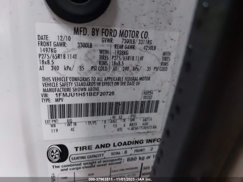 2011 Ford Expedition Xlt VIN: 1FMJU1H51BEF20725 Lot: 37963511