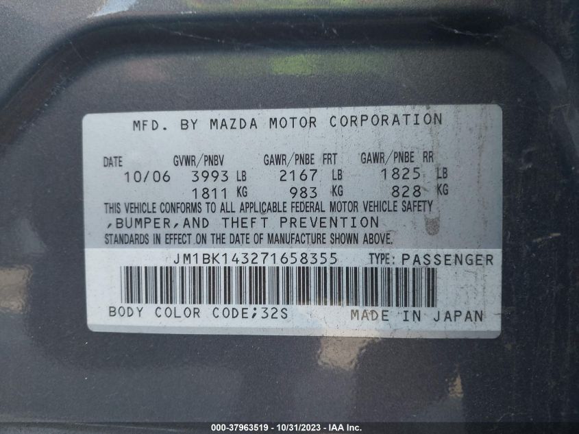 2007 Mazda Mazda3 S Sport VIN: JM1BK143271658355 Lot: 37963519