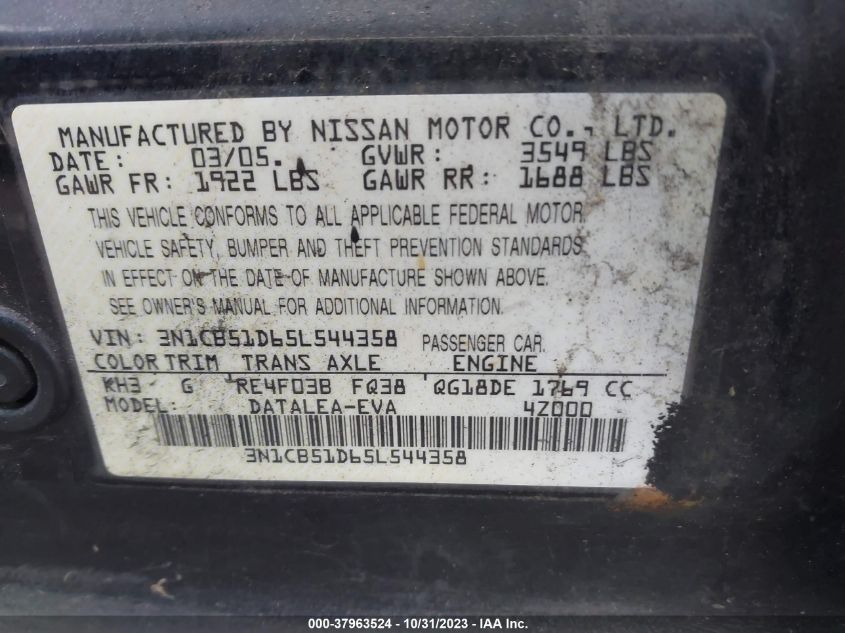 2005 Nissan Sentra 1.8S VIN: 3N1CB51D65L544358 Lot: 37963524