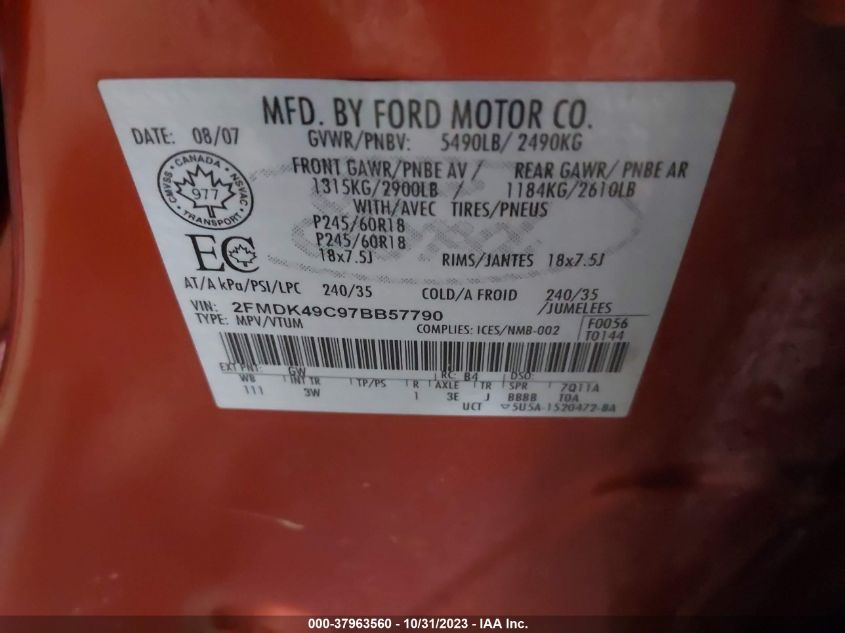 2007 Ford Edge Sel Plus VIN: 2FMDK49C97BB57790 Lot: 37963560