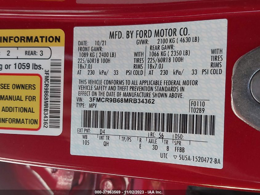 2021 Ford Bronco Sport Big Bend VIN: 3FMCR9B68MRB34362 Lot: 37963569