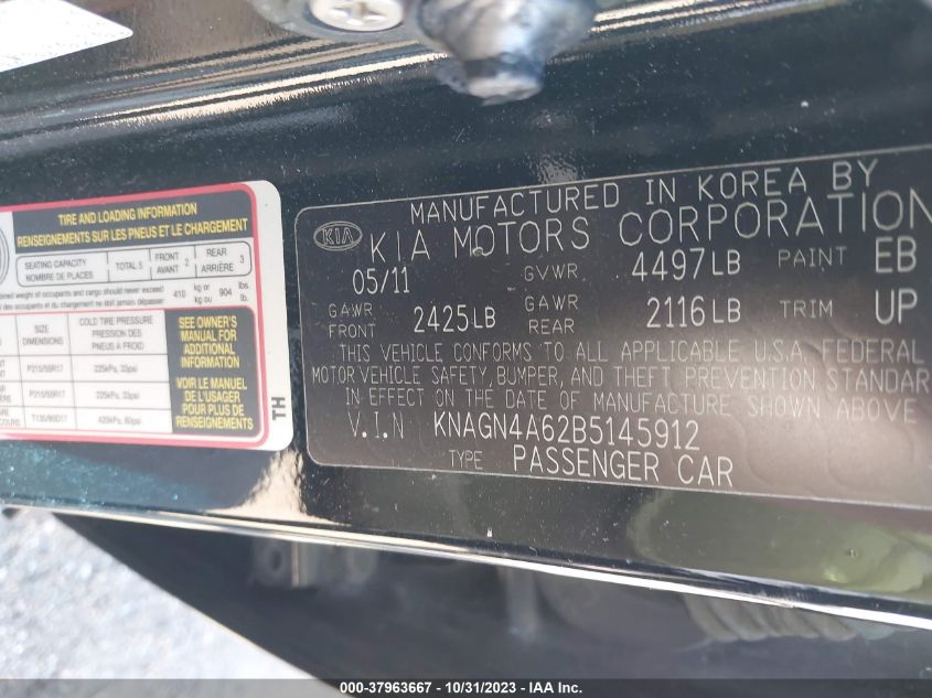 2011 Kia Optima Ex Turbo VIN: KNAGN4A62B5145912 Lot: 37963667