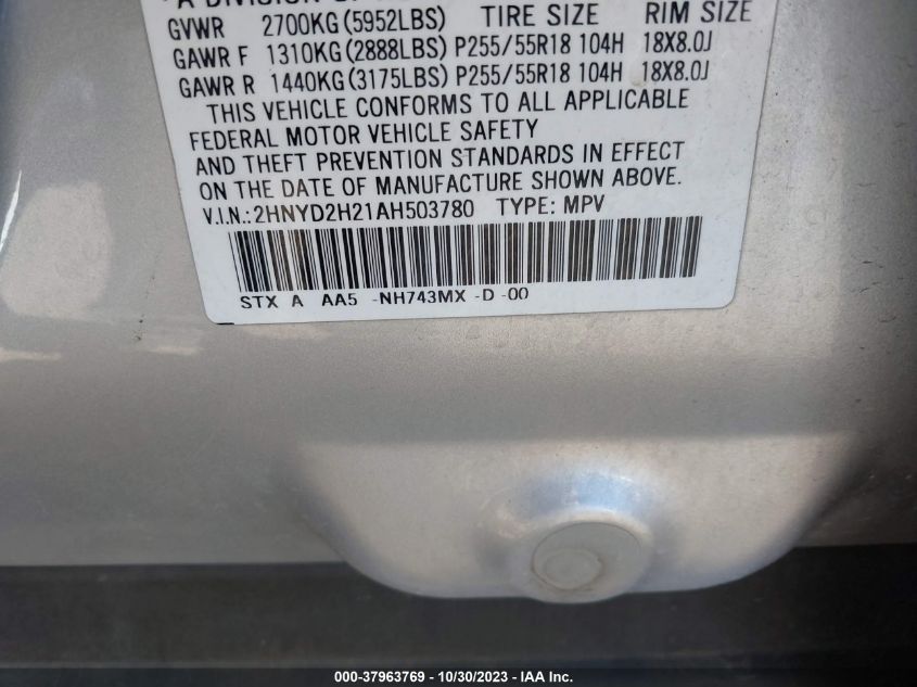 2010 Acura Mdx VIN: 2HNYD2H21AH503780 Lot: 37963769