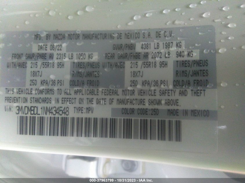 2022 Mazda Cx-30 2.5 S Premium Package VIN: 3MVDMBDL1NM434548 Lot: 37963799