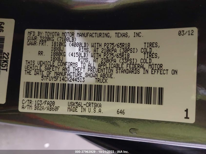 2012 Toyota Tundra 4Wd Truck VIN: 5TFUY5F14CX244513 Lot: 37963929