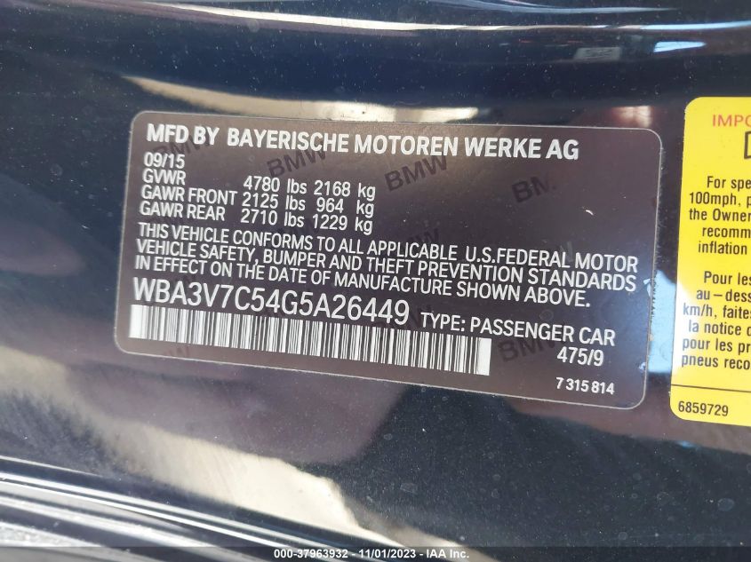 2016 BMW 4 Series 428I VIN: WBA3V7C54G5A26449 Lot: 37963932