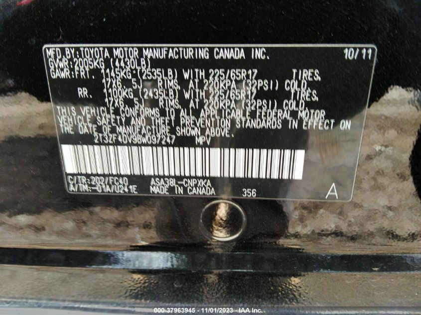 2011 Toyota Rav4 VIN: 2T3ZF4DV9BW097247 Lot: 37963945