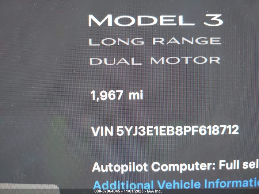 2023 Tesla Model 3 Long Range Dual Motor VIN: 5YJ3E1EB8PF618712 Lot: 37964045