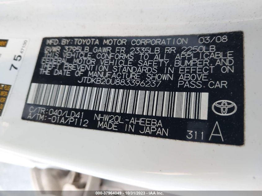 2008 Toyota Prius VIN: JTDKB20U883396237 Lot: 37964049