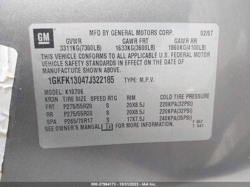 2007 GMC Yukon Slt VIN: 1GKFK13047J322185 Lot: 37964173