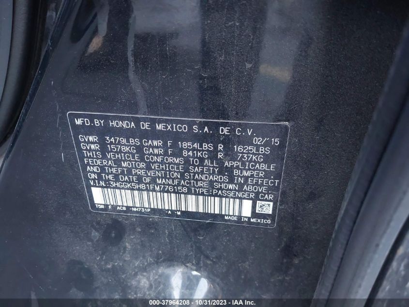 2015 Honda Fit Ex-L/Ex VIN: 3HGGK5H81FM776158 Lot: 37964208