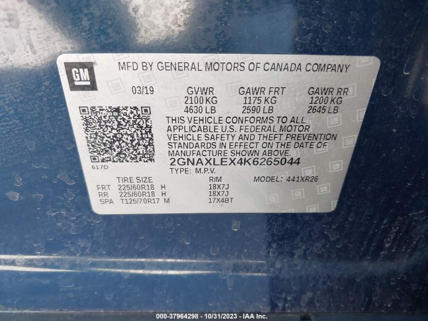 2019 Chevrolet Equinox Lt VIN: 2GNAXLEX4K6265044 Lot: 37964298