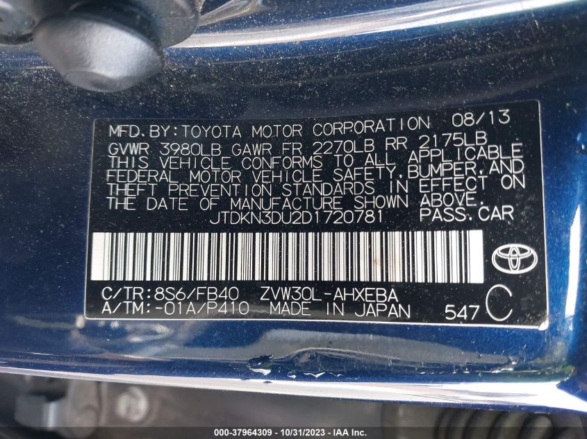 2013 Toyota Prius One/Two/Three/Four/Five VIN: JTDKN3DU2D1720781 Lot: 37964309