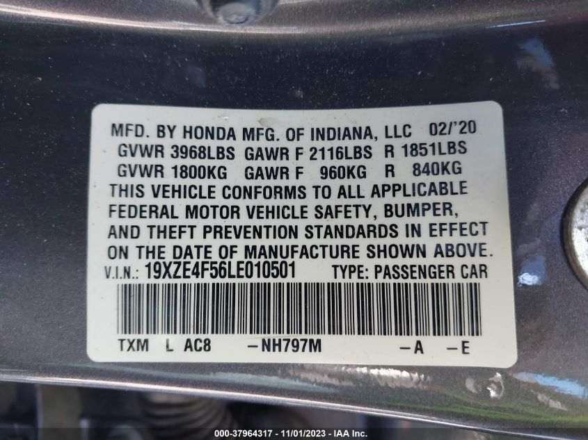 2020 Honda Insight Ex VIN: 19XZE4F56LE010501 Lot: 37964317