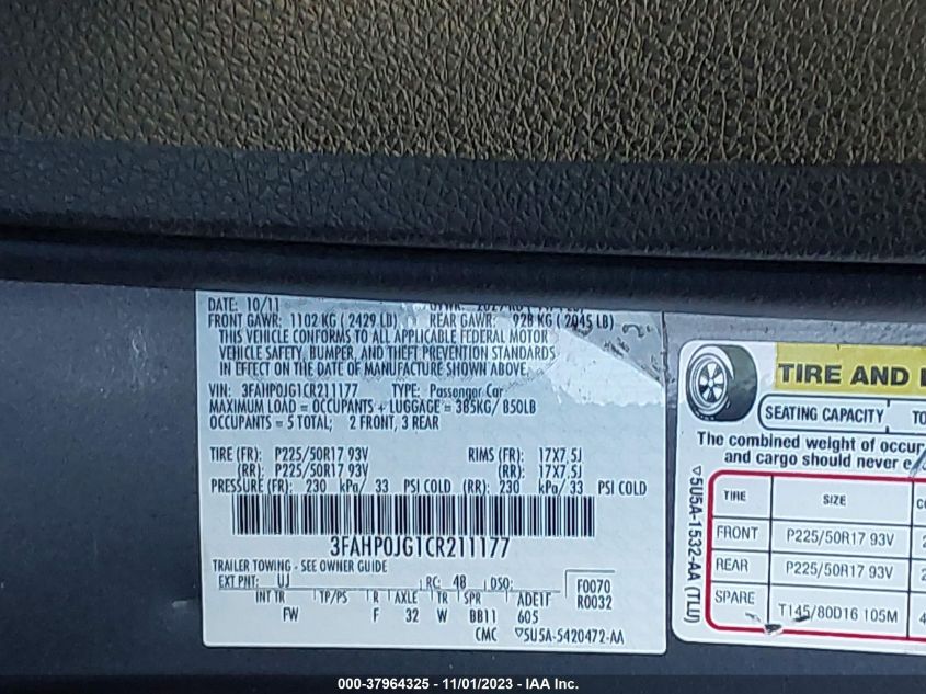 2012 Ford Fusion Sel VIN: 3FAHP0JG1CR211177 Lot: 37964325