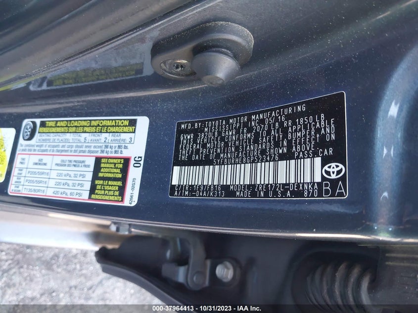 2016 Toyota Corolla Le Plus VIN: 5YFBURHE8GP523476 Lot: 37964413