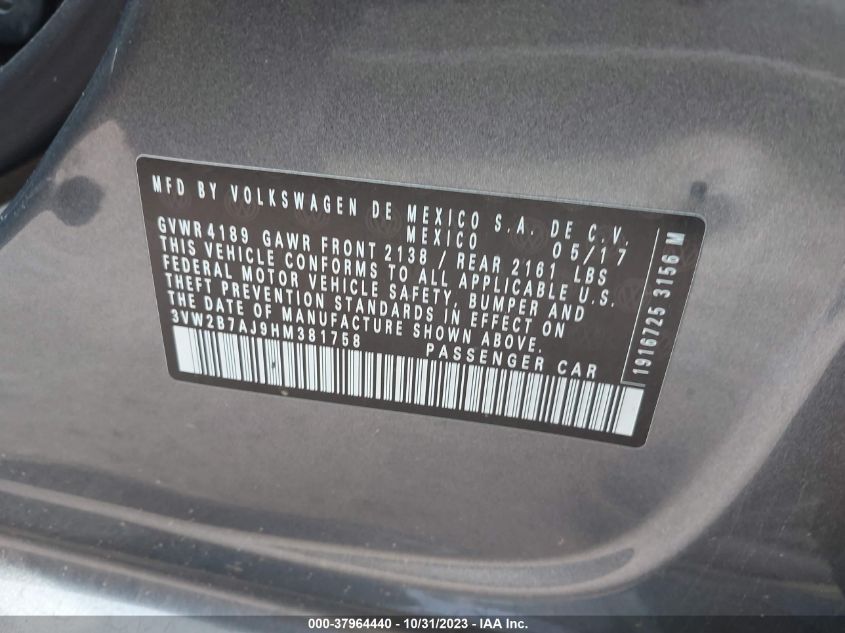 2017 Volkswagen Jetta 1.4T S VIN: 3VW2B7AJ9HM381758 Lot: 37964440