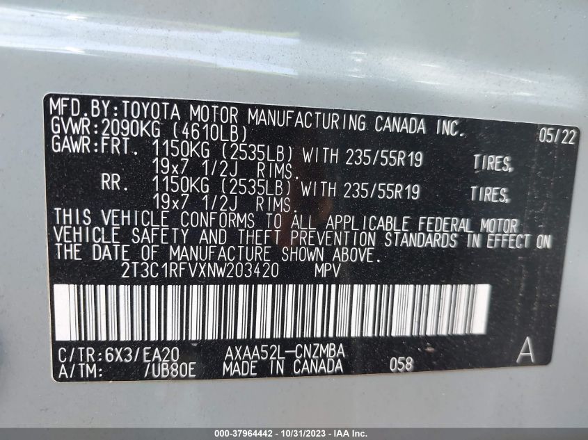 2022 Toyota Rav4 Xle Premium VIN: 2T3C1RFVXNW203420 Lot: 37964442