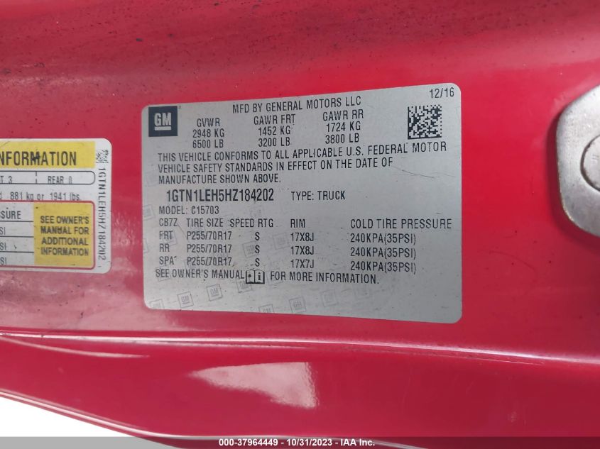 2017 GMC Sierra 1500 VIN: 1GTN1LEH5HZ184202 Lot: 37964449