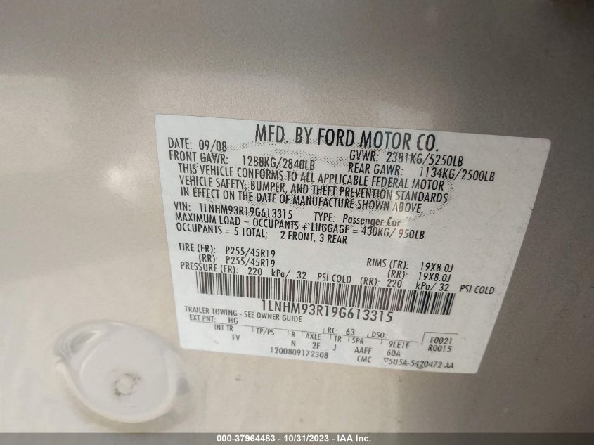2009 Lincoln Mks VIN: 1LNHM93R19G613315 Lot: 37964483