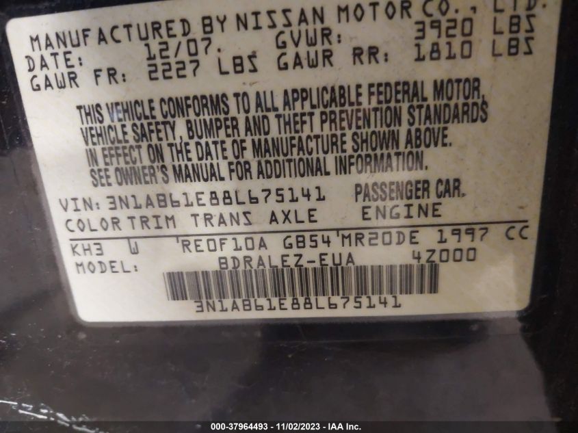 2008 Nissan Sentra 2.0S VIN: 3N1AB61E88L675141 Lot: 37964493