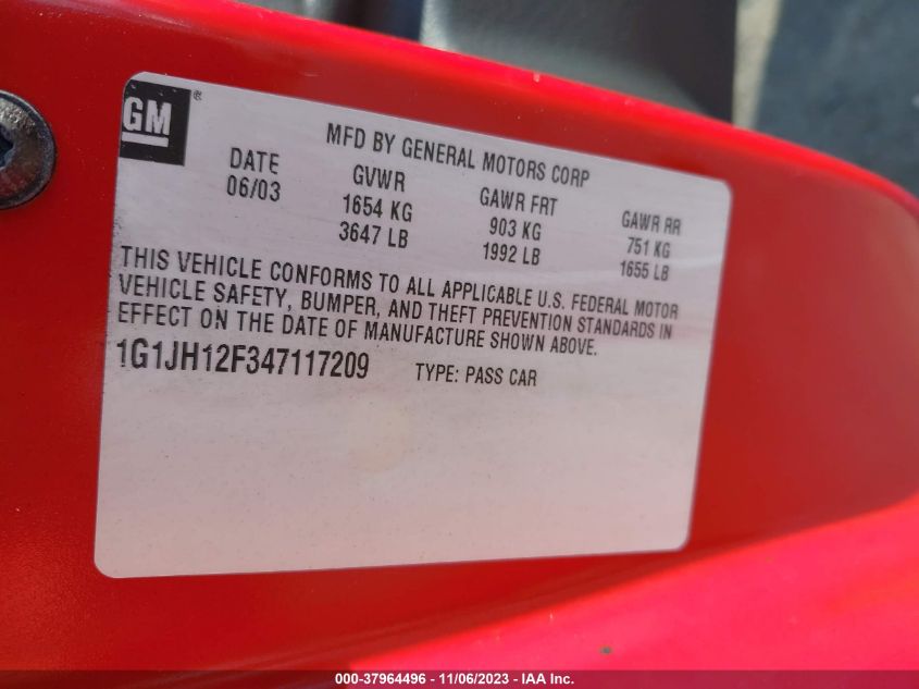 2004 Chevrolet Cavalier Ls Sport VIN: 1G1JH12F347117209 Lot: 37964496