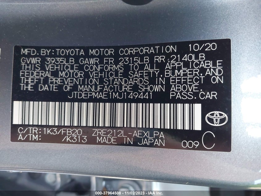 2021 TOYOTA COROLLA VIN: JTDEPMAE1MJ149441