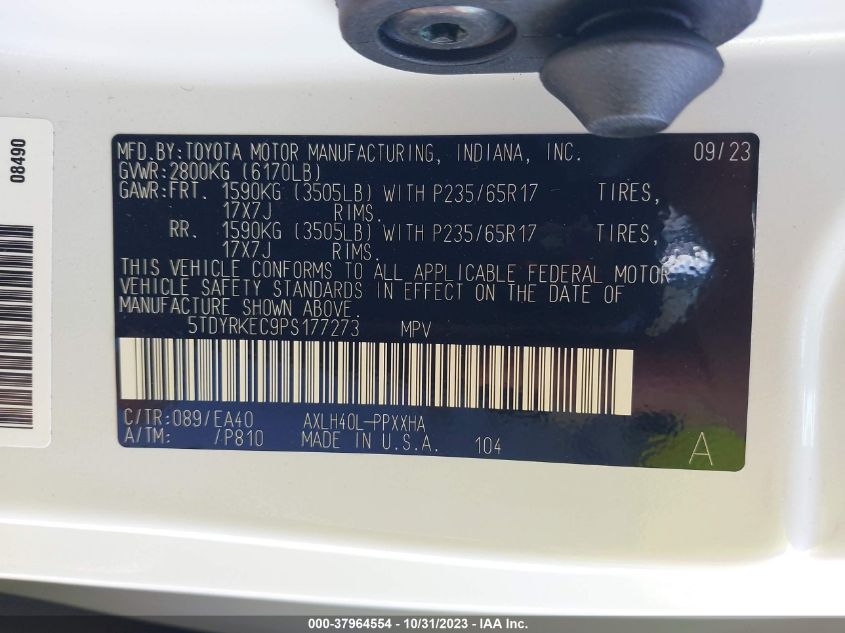 2023 Toyota Sienna Xle VIN: 5TDYRKEC9PS177273 Lot: 37964554