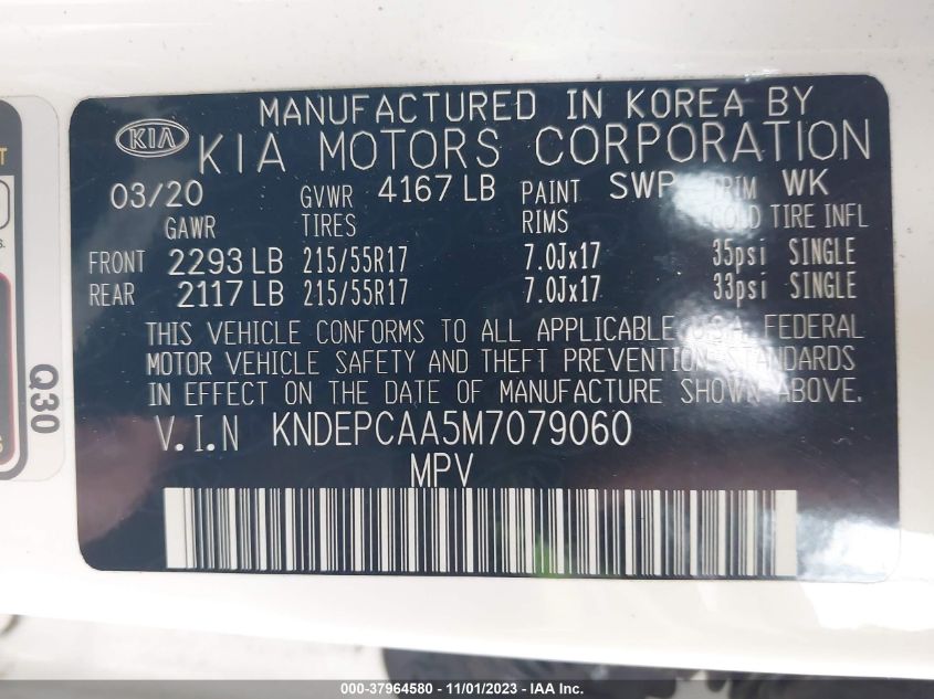 2021 Kia Seltos Lx VIN: KNDEPCAA5M7079060 Lot: 37964580