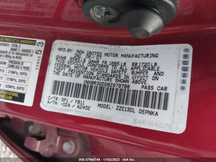 2008 Toyota Corolla Le VIN: 1NXBR32E68Z979788 Lot: 37964749