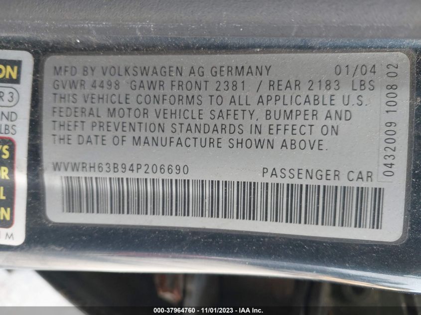 2004 Volkswagen Passat Glx VIN: WVWRH63B94P206690 Lot: 37964760