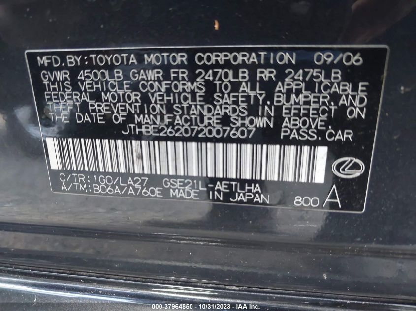 2007 Lexus Is 350 VIN: JTHBE262072007607 Lot: 37964850