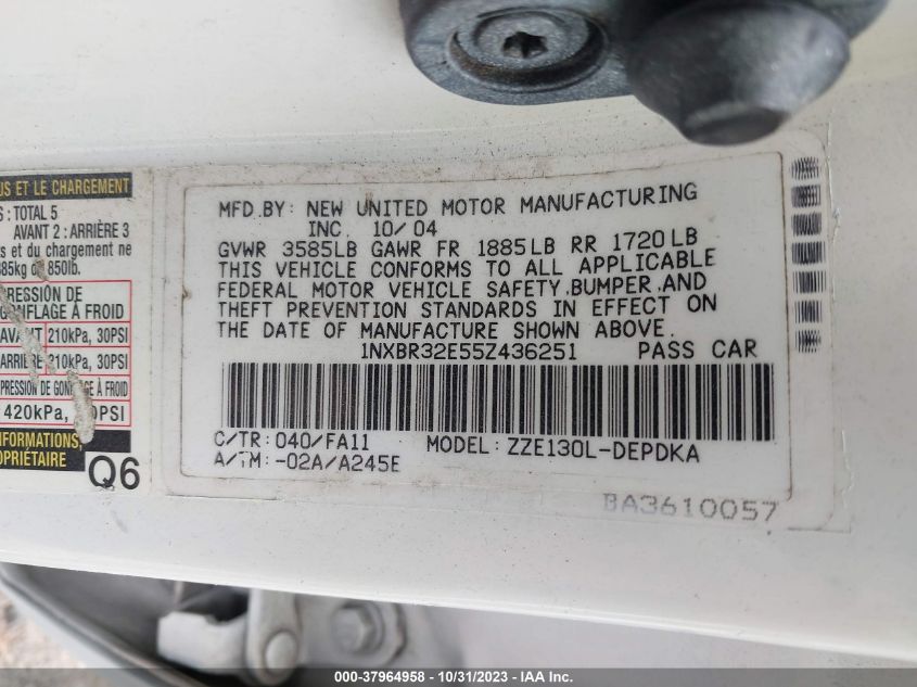 2005 Toyota Corolla Ce VIN: 1NXBR32E55Z436251 Lot: 37964958