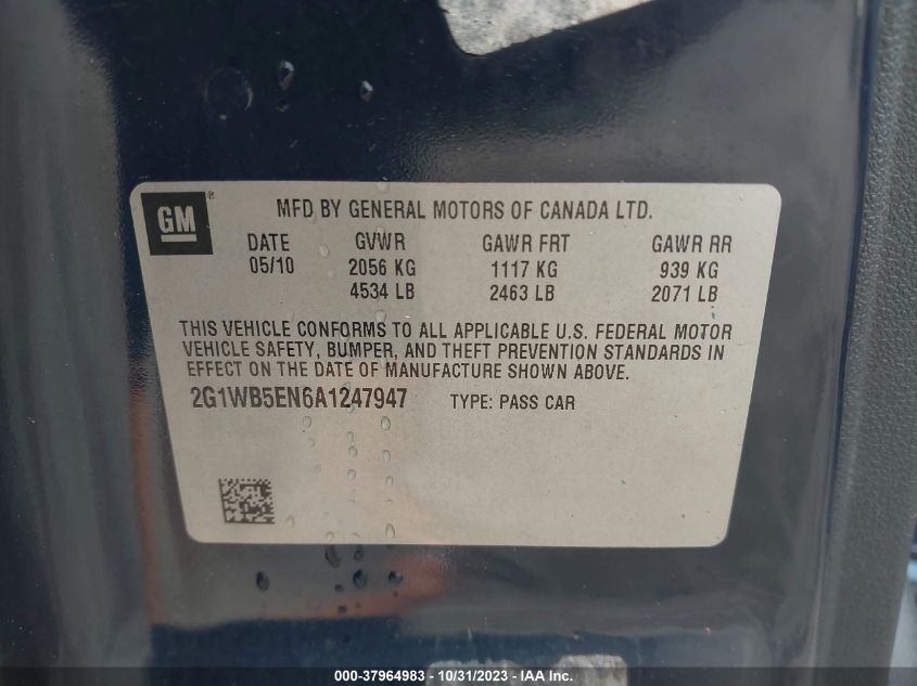 2010 Chevrolet Impala Lt VIN: 2G1WB5EN6A1247947 Lot: 37964983