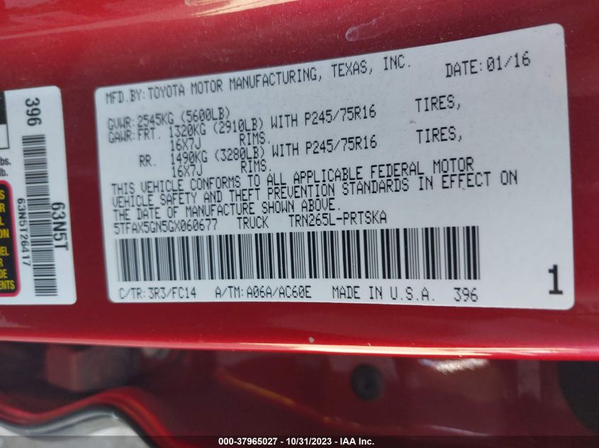 2016 Toyota Tacoma Sr5 VIN: 5TFAX5GN5GX060677 Lot: 37965027