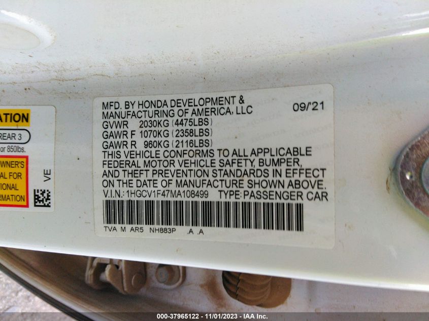 2021 Honda Accord Sport Special Edition VIN: 1HGCV1F47MA108499 Lot: 37965122