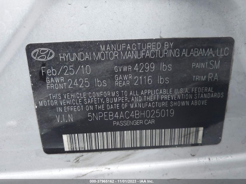 2011 Hyundai Sonata Gls VIN: 5NPEB4AC4BH025019 Lot: 37965162