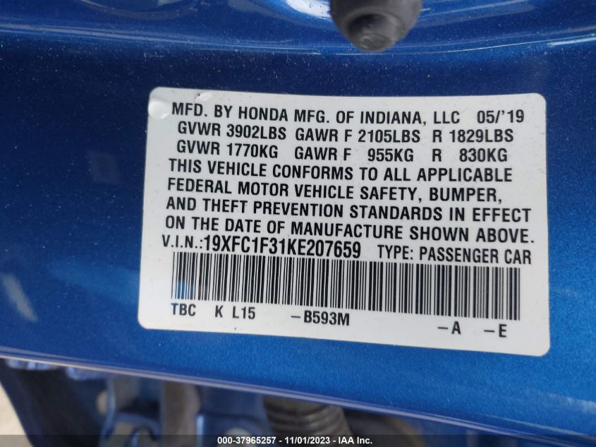 2019 Honda Civic Sedan Ex VIN: 19XFC1F31KE207659 Lot: 37965257