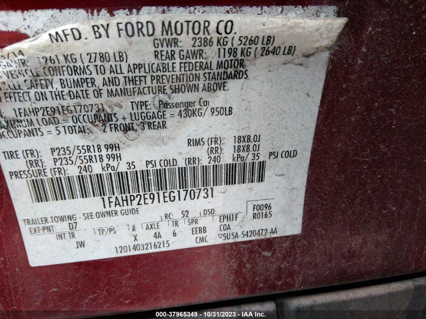 2014 Ford Taurus Sel VIN: 1FAHP2E91EG170731 Lot: 37965349