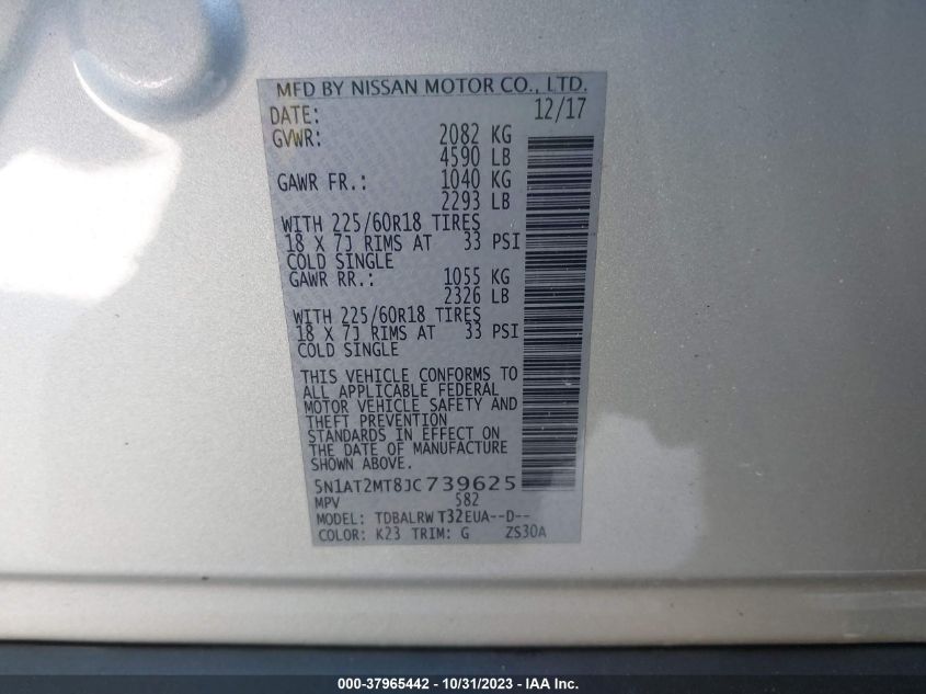 2018 Nissan Rogue Sl VIN: 5N1AT2MT8JC739625 Lot: 37965442