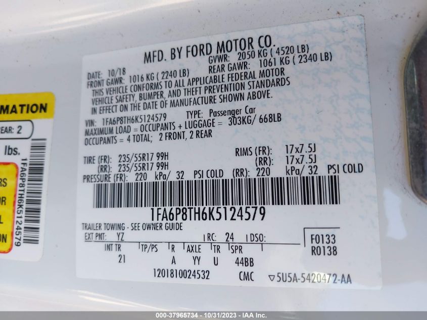 2019 Ford Mustang Ecoboost VIN: 1FA6P8TH6K5124579 Lot: 37965734