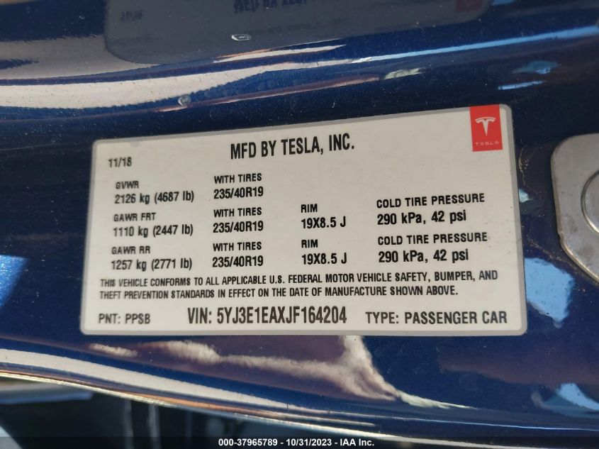 2018 Tesla Model 3 Range Battery VIN: 5YJ3E1EAXJF164204 Lot: 37965789