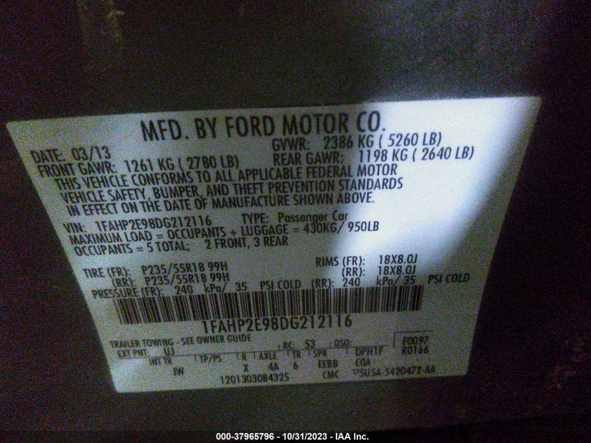 2013 Ford Taurus Sel VIN: 1FAHP2E98DG212116 Lot: 37965796