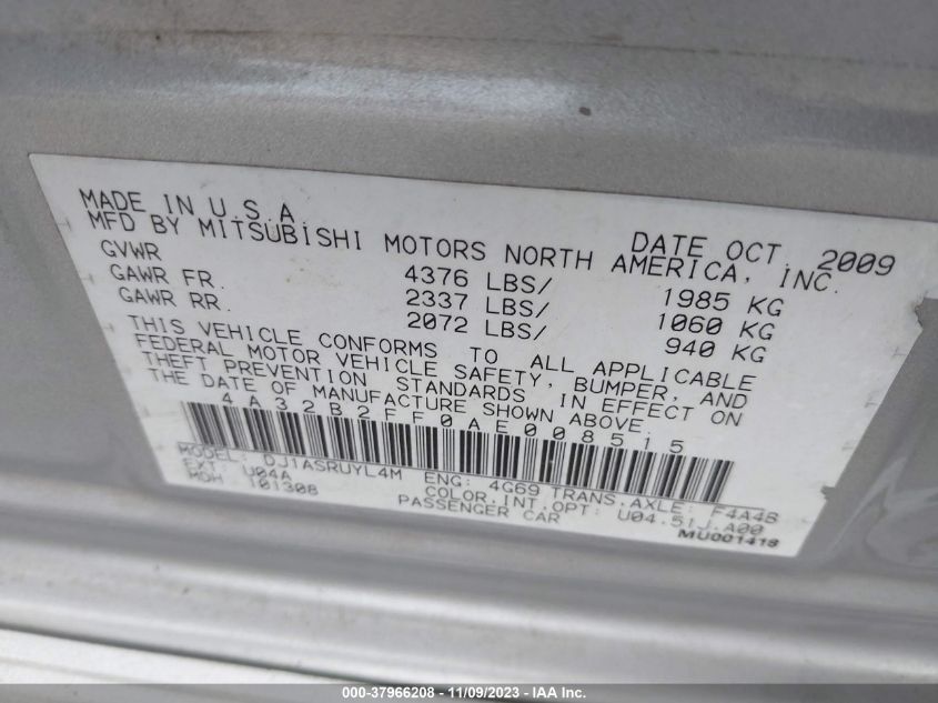 2010 Mitsubishi Galant Fe VIN: 4A32B2FF0AE008515 Lot: 37966208