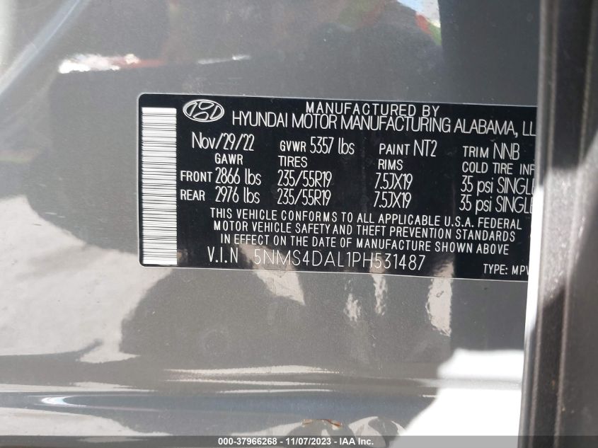 2023 Hyundai Santa Fe Limited VIN: 5NMS4DAL1PH531487 Lot: 37966268